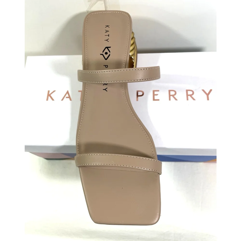NIB Katy Perry Framing Taupe Slip On Sandal Square Toe Low Gold Heel Size 8.5M - Picture 4 of 6